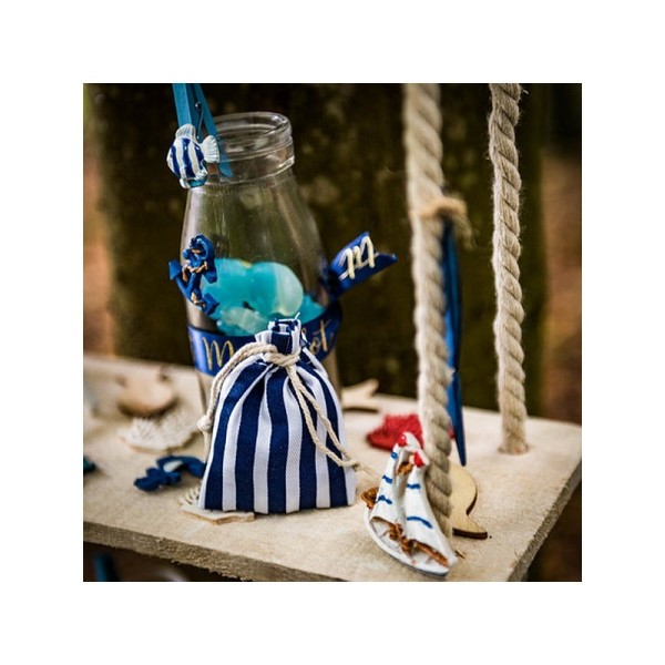 Lot de 5 Pochons Rayés Bleu et Blanc en Coton, dim. 7 x 9 cm,  petit sac avec cordon thème marin - Photo n°4