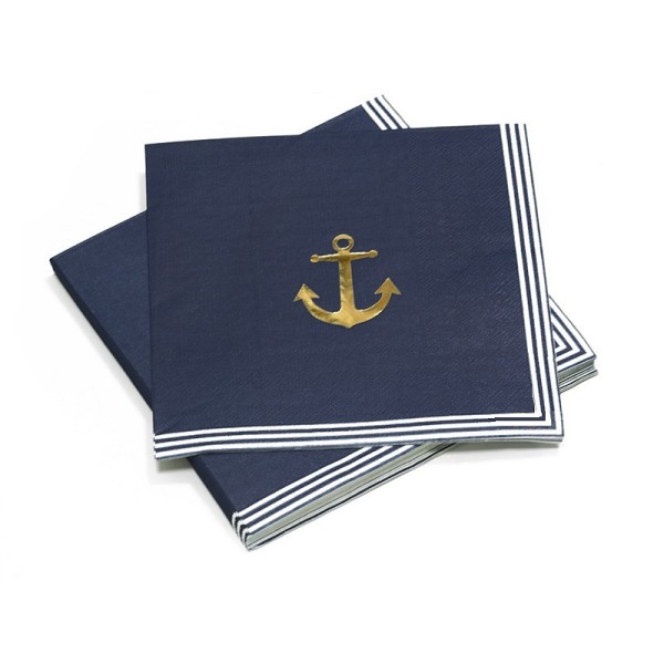 Lot de 16 Serviettes en papier Bleu marine et Ancre dorée, décoration thème maritime 33 x 33 cm - Photo n°1