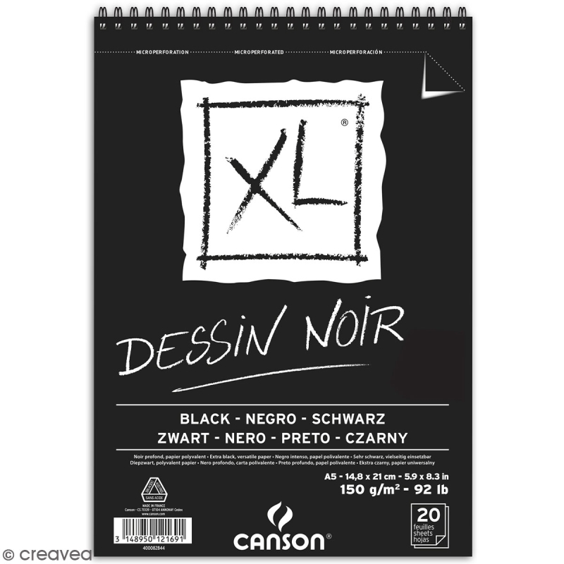 Carnet A5 Canson XL - Dessin noir - 20 feuilles - Papiers à dessin - Creavea