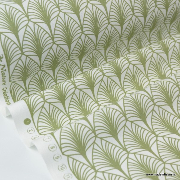 Tissu cretonne coton Oeko tex imprimée feuilles Vert olive x1m - Photo n°1