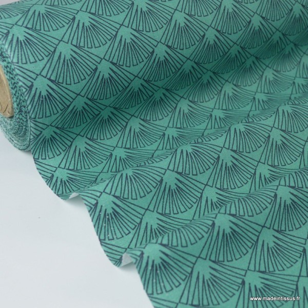 Tissu cretonne coton Oeko tex imprimée feuilles graphiques Vert x1m - Photo n°1