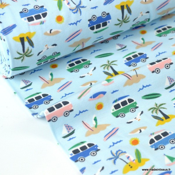 Tissu jersey Oeko tex imprimé petits Combis vans et palmiers fond bleu - Photo n°2