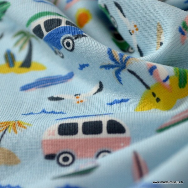 Tissu jersey Oeko tex imprimé petits Combis vans et palmiers fond bleu - Photo n°4