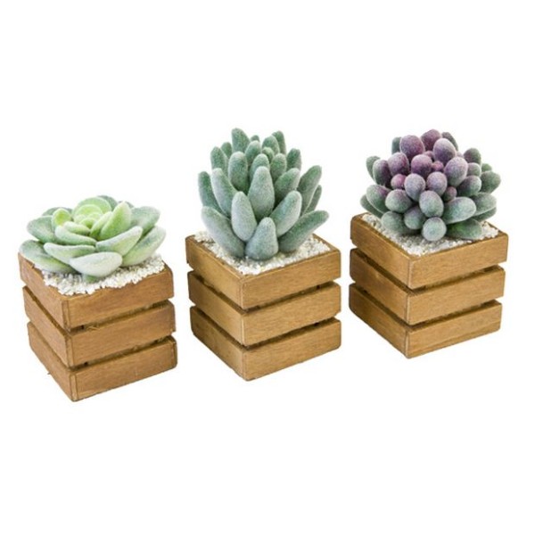 3 Minis pots carrés en bois avec succulentes artificielles - Photo n°1