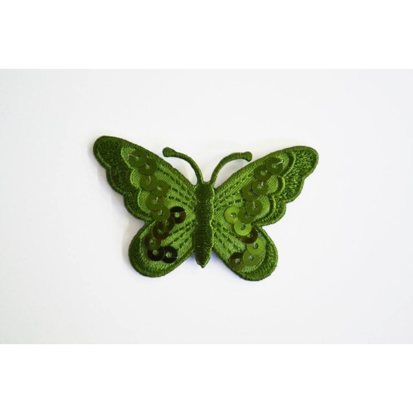 Application à thermocoller papillon avec sequins kaki 62mm - Photo n°1
