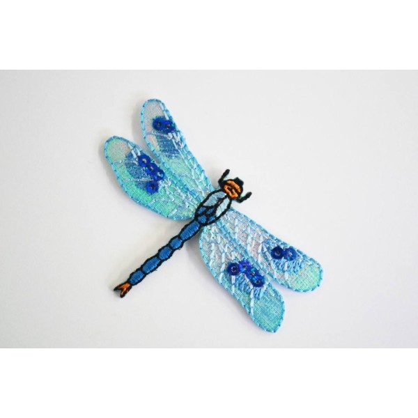 Application à thermocoller libellule bleue pailletée 55mm x 60mm - Photo n°1