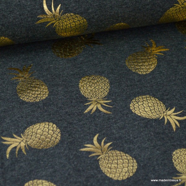 Tissu jersey gris chiné imprimé Ananas glitter doré - Photo n°1