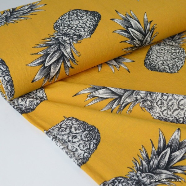 Tissu Viscose Oeko tex Moutarde imprimé Ananas noir et blanc - Photo n°1