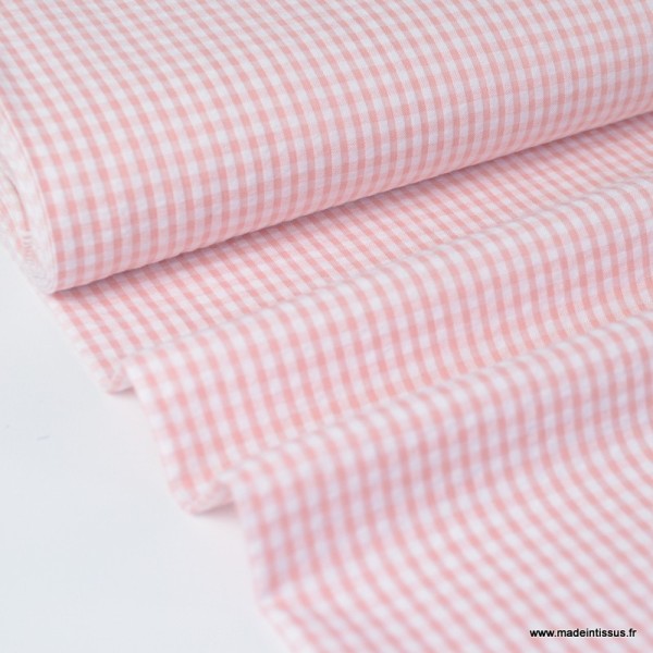 Tissu seersucker de coton vichy rose et blanc - Photo n°1