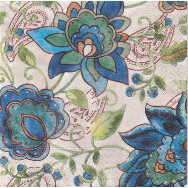 4 Serviettes en papier Fleurs bleues Cachemire Format Lunch Decopatch 21790 Paper+Design - Photo n°1