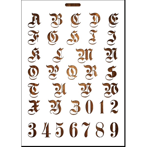 POCHOIR EN PLASTIQUE MYLAR  Format A4 (21*29.7cm)  Alphabet Germania Lettres Capitales et chiffres - Photo n°1
