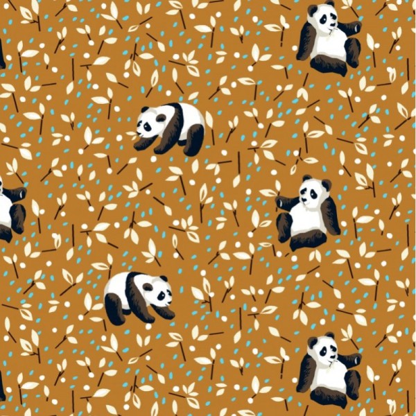 Tissu cretonne coton Oeko tex imprimé Pandas fond Moutarde - Photo n°1