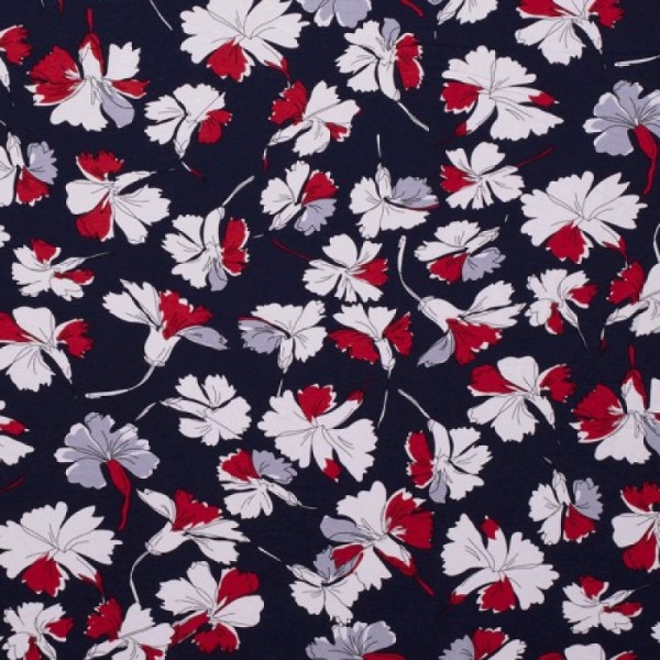 Tissu jersey Viscose imprimé fleurs rouges et grises fond marine - Photo n°1