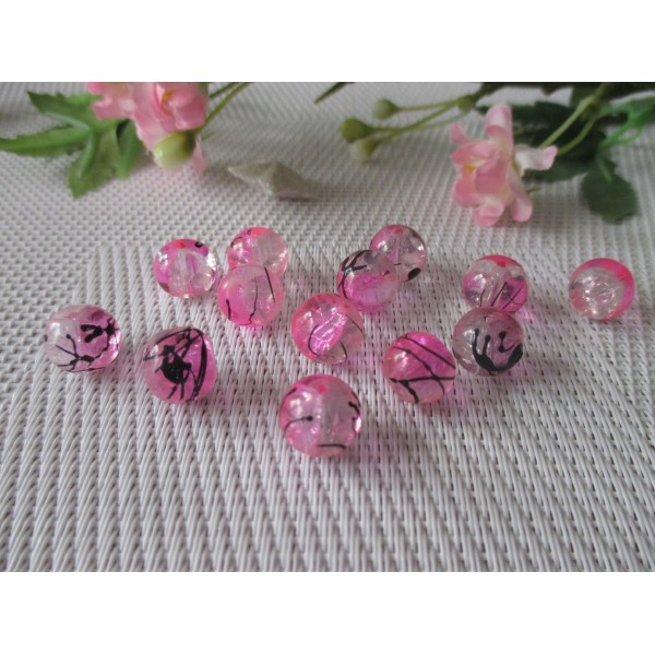 Lot de 10 perles en verre craquelé rose et cristal tréfilé noir - Photo n°1