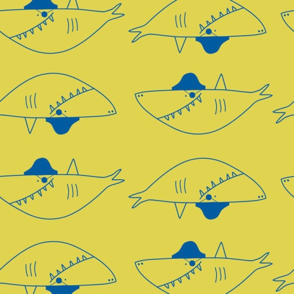 Tissu jersey Oeko tex imprimé requins fond jaune - Photo n°1