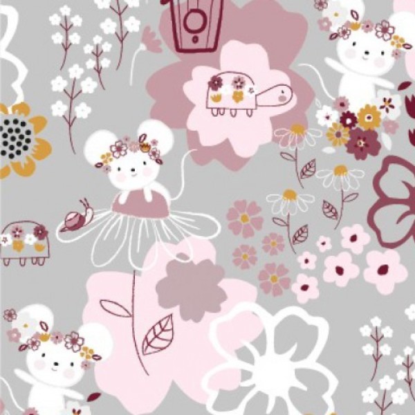 Tissu jersey Oeko tex imprimé souris, oiseaux et fleurs gris et rose Oeko tex - Photo n°1