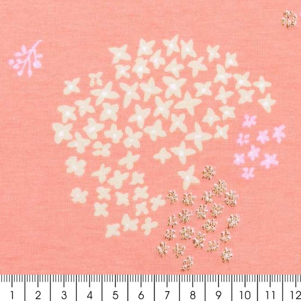Coupon de tissu jersey - Petites fleurs détails Pailletés - Fond rose - 70 x 100 cm - Photo n°2