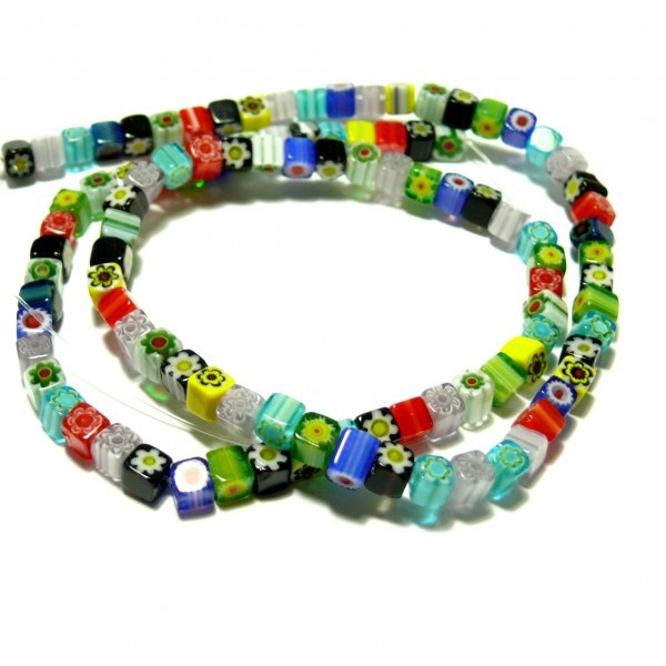HK02305 1 fil d'environ 105 perles Cubes Millefiori r Multicolores 4mm - Photo n°1