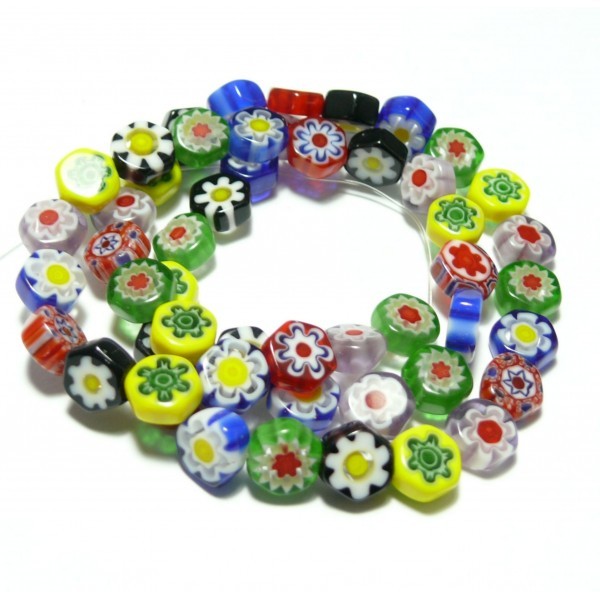 HK0230784 1 fil d'environ 52 perles Plates Millefiori forme Fleur Multicolores 8 par 4mm - Photo n°1
