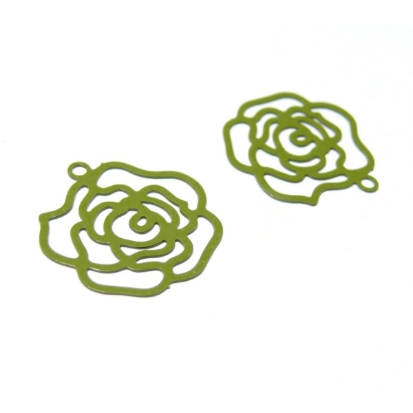 AE112817 Lot 4 Estampes pendentif filigrane Fleur Pivoine couleur Vert Kaki de 20 par 21mm - Photo n°1
