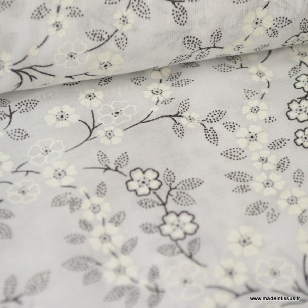 Tissu Voile de coton oeko tex imprimé Fleurs fond Blanc - Photo n°1