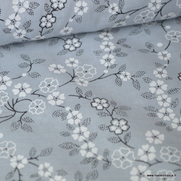Tissu Voile de coton oeko tex imprimé Fleurs fond Gris - Photo n°1
