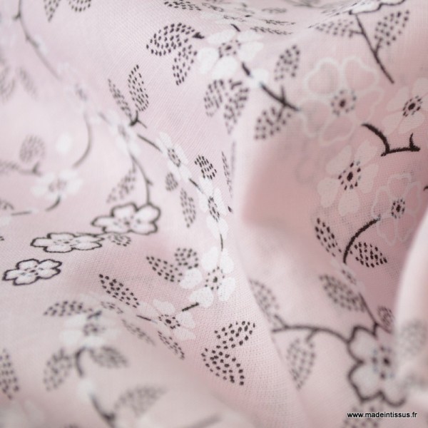 Tissu Voile de coton oeko tex imprimé Fleurs fond Rose - Photo n°3
