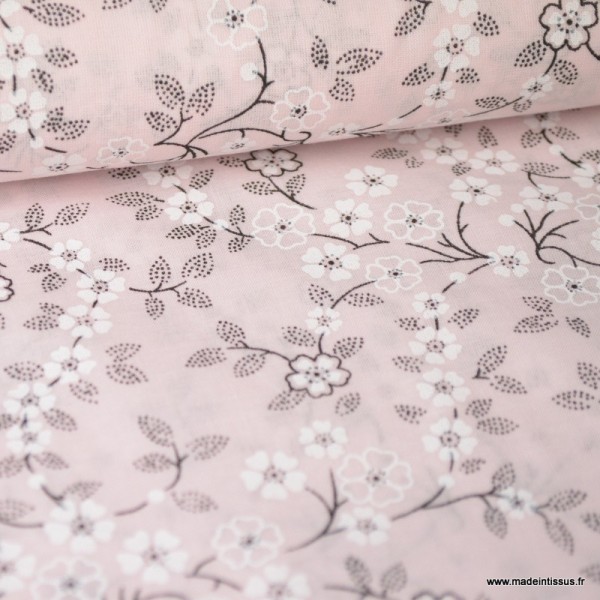 Tissu Voile de coton oeko tex imprimé Fleurs fond Rose - Photo n°1