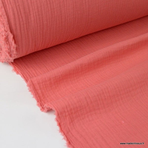 Tissu Double gaze de coton Oeko tex Coloris Corail - Photo n°1