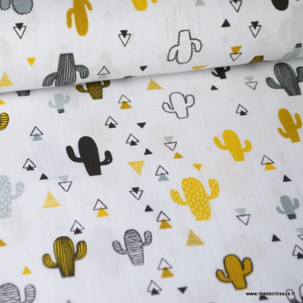 Tissu Popeline imprimé Cactus gris, jaunes et noir fond Blanc. Oeko tex - Photo n°1