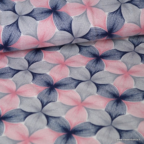 Tissu jersey Viscose imprimé fleurs graphiques roses, grises et bleu marine - Photo n°1