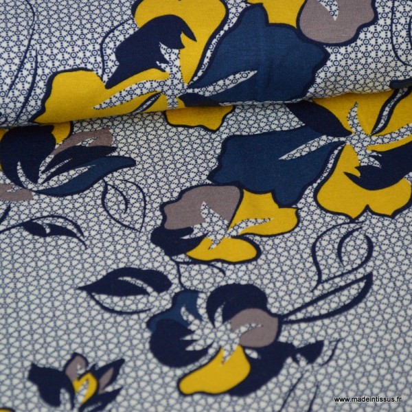 Tissu jersey Viscose imprimé fleurs graphiques Moutarde et bleu marine - Photo n°1
