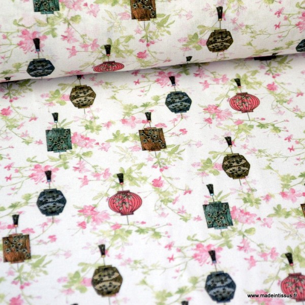 Tissu coton Japonais imprimé Fleurs et Lanternes rose et vert Oeko tex - Photo n°1