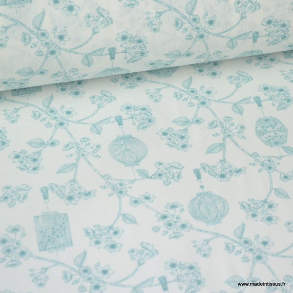Tissu coton Japonais imprimé Fleurs et Lanternes bleu fond blanc Oeko tex - Photo n°1