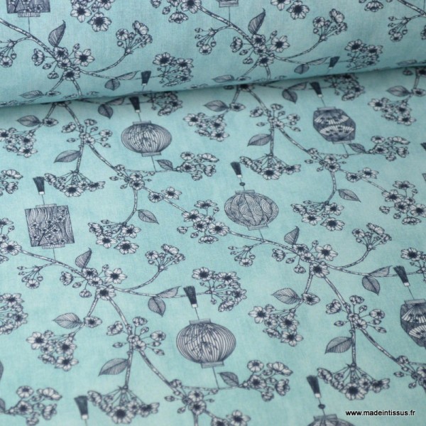 Tissu coton Japonisant imprimé Fleurs et Lanternes  fond bleu Oeko tex - Photo n°1