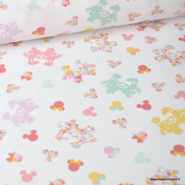 Tissu coton DISNEY imprimé Minnie Rose, menthe et jaune Oeko tex - Photo n°1