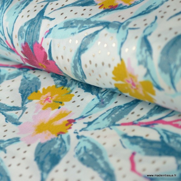 Tissu coton imprimé fleurs roses et bleus et pois Or métallique Oeko tex - Photo n°1