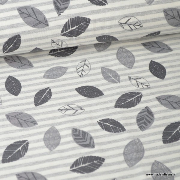 Tissu jersey emerisé à rayures gris et naturel Oeko tex imprimé feuilles grises fond gris chiné - Photo n°1