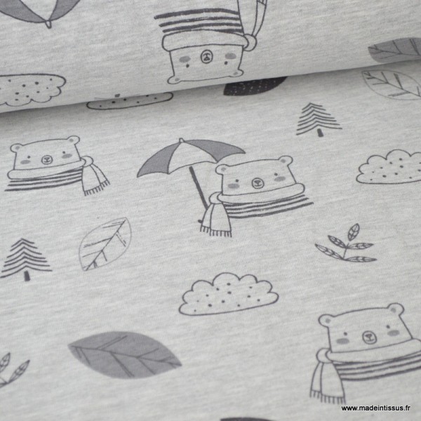 Tissu jersey emerisé Oeko tex imprimé Oursons et feuilles fond gris clair chiné - Photo n°1
