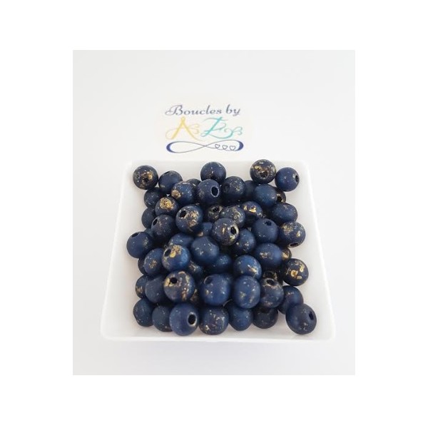 Perles bleu marine/doré en bois 8mm x50 - Photo n°1