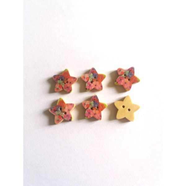6 Boutons bois étoiles multicolore – 17mm - Photo n°1