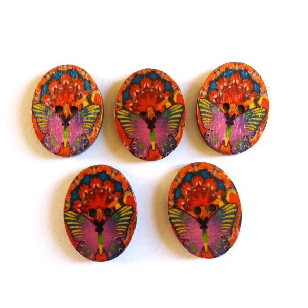 5 Boutons bois ovales papillon orange et fushia – 29x22mm - Photo n°1