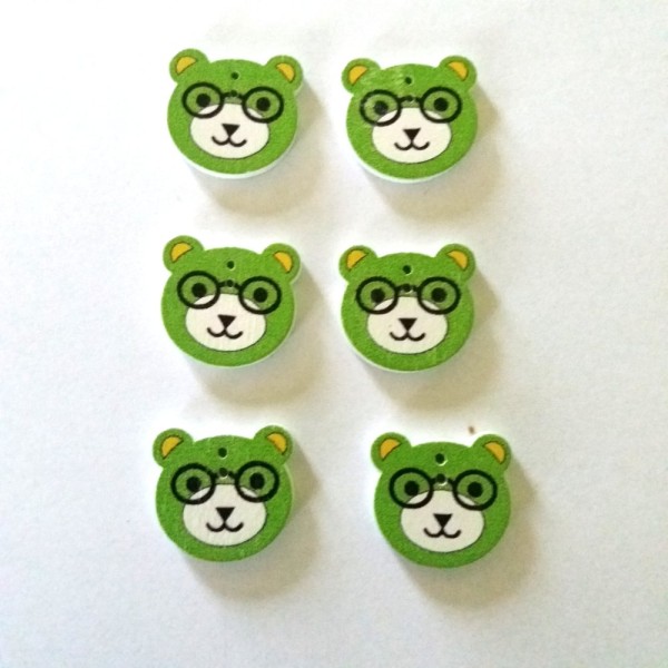 6 Boutons bois têtes d’ours à lunettes vert – 21x19mm - Photo n°1