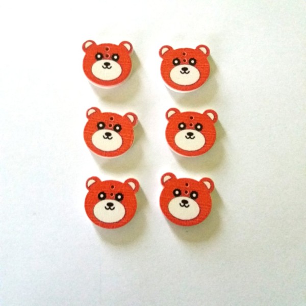 6 Boutons bois têtes d’ours rouge – 21x19mm - Photo n°1