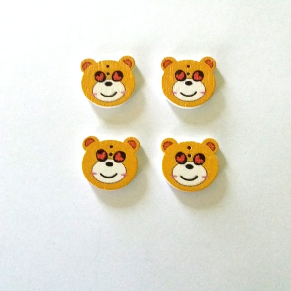 4 Boutons bois têtes d’ours ocre – 21x19mm - Photo n°1