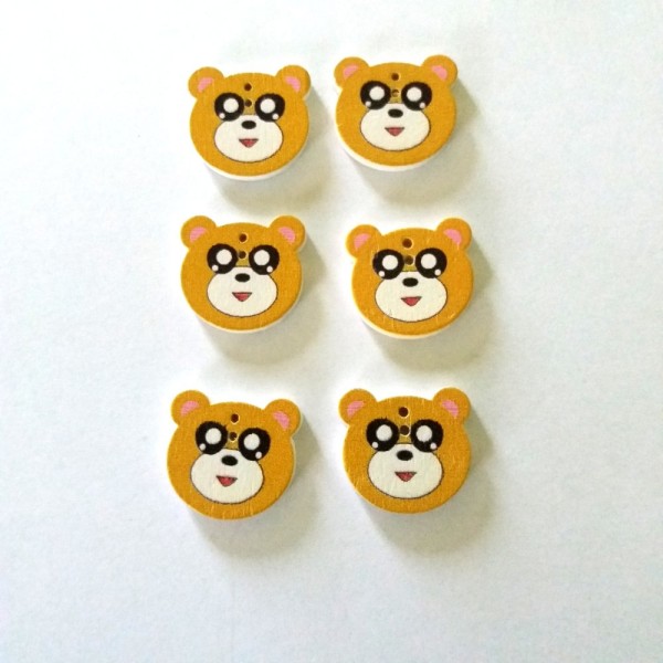 6 Boutons bois têtes d’ours ocre – 21x19mm - Photo n°1