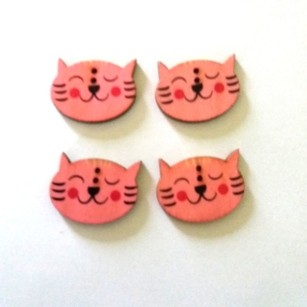 4 Boutons bois, tête de chat rose – 29x23mm - Photo n°1