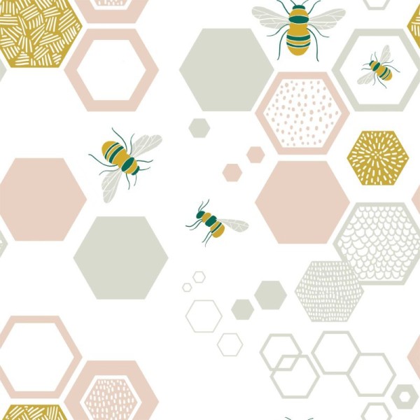 Tissu popeline Oeko tex imprimé hexagones et abeilles menthe, rose et moutarde Katia Fabrics x1m - Photo n°1