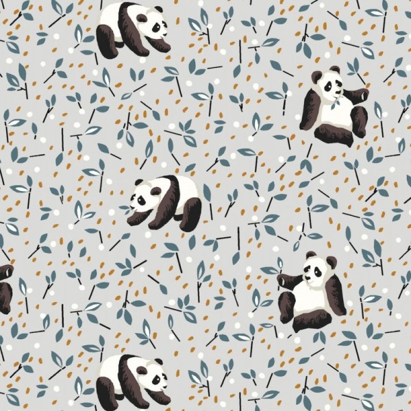 Tissu coton Oeko tex imprimé Pandas fond gris Perle - Photo n°1