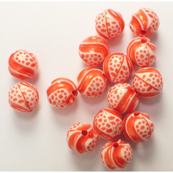 LOT 15 PERLES ACRYLIQUES :  rondes oranges blanches 11 mm - Photo n°1